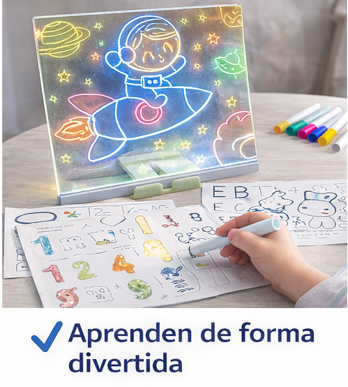PIZARRA CON LUZ LED LED 20x20+ 7 ROTULADORES DE COLORES CON 6 PLANTILLAS